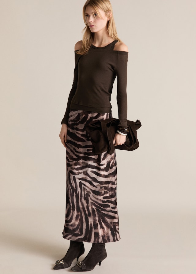 Mango Langer Satinrock mit Zebramotiv Neueste Stile