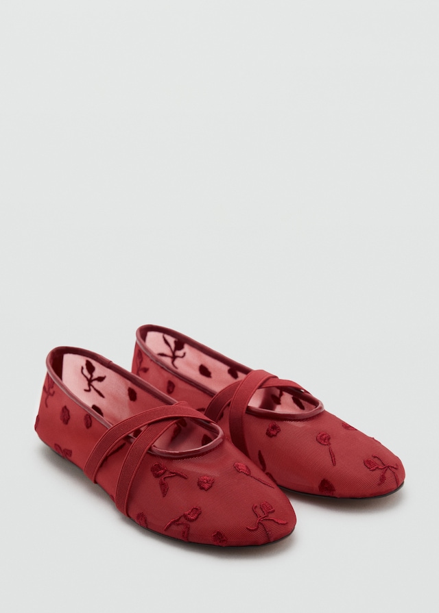 Mango Ballerinas mit Kreuzriemen und Blumenstickerei Großer Ausverkauf