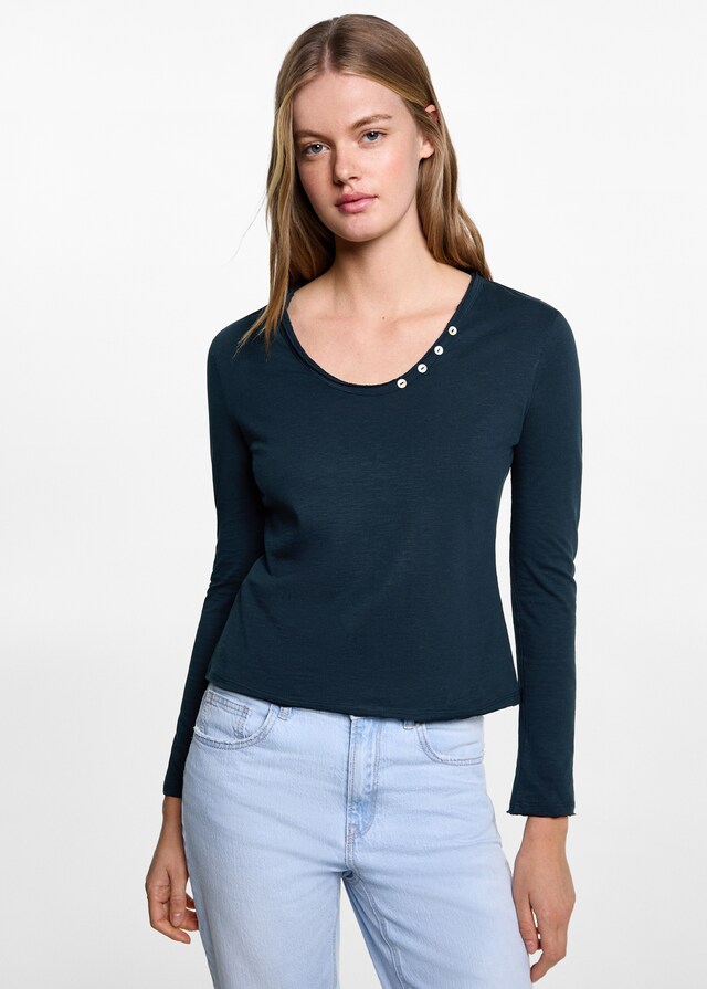 Mango Langärmliges T-Shirt mit Knöpfen 50% Rabatt für begrenzte Zeit