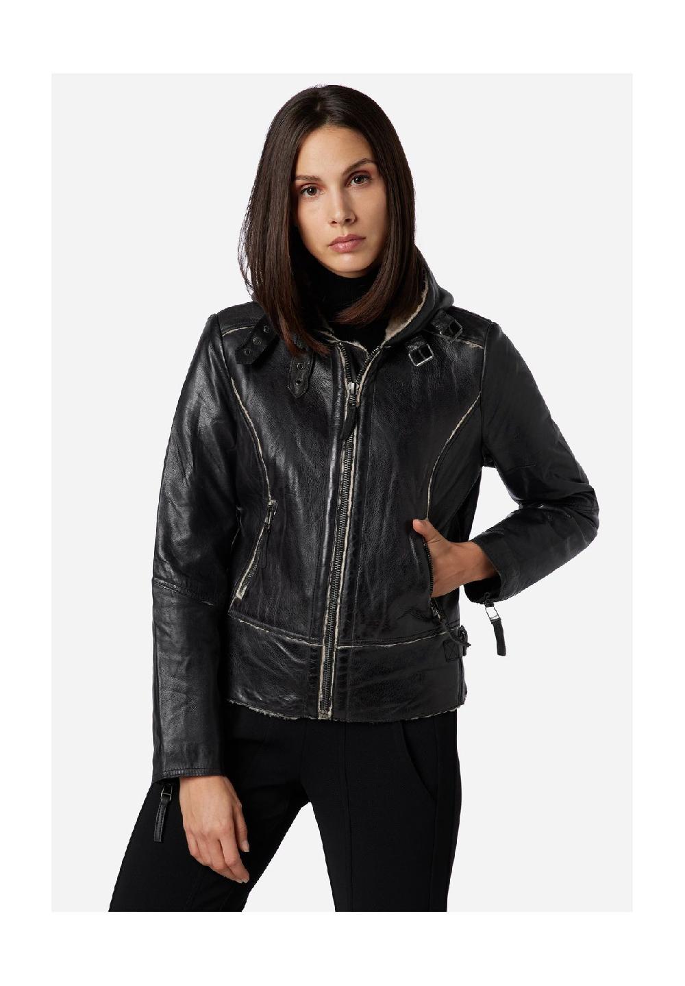 RICANO Damen Lederjacke Jule Bikerjacke mit Fellfütterung und Kapuze Kostenloser Versand international