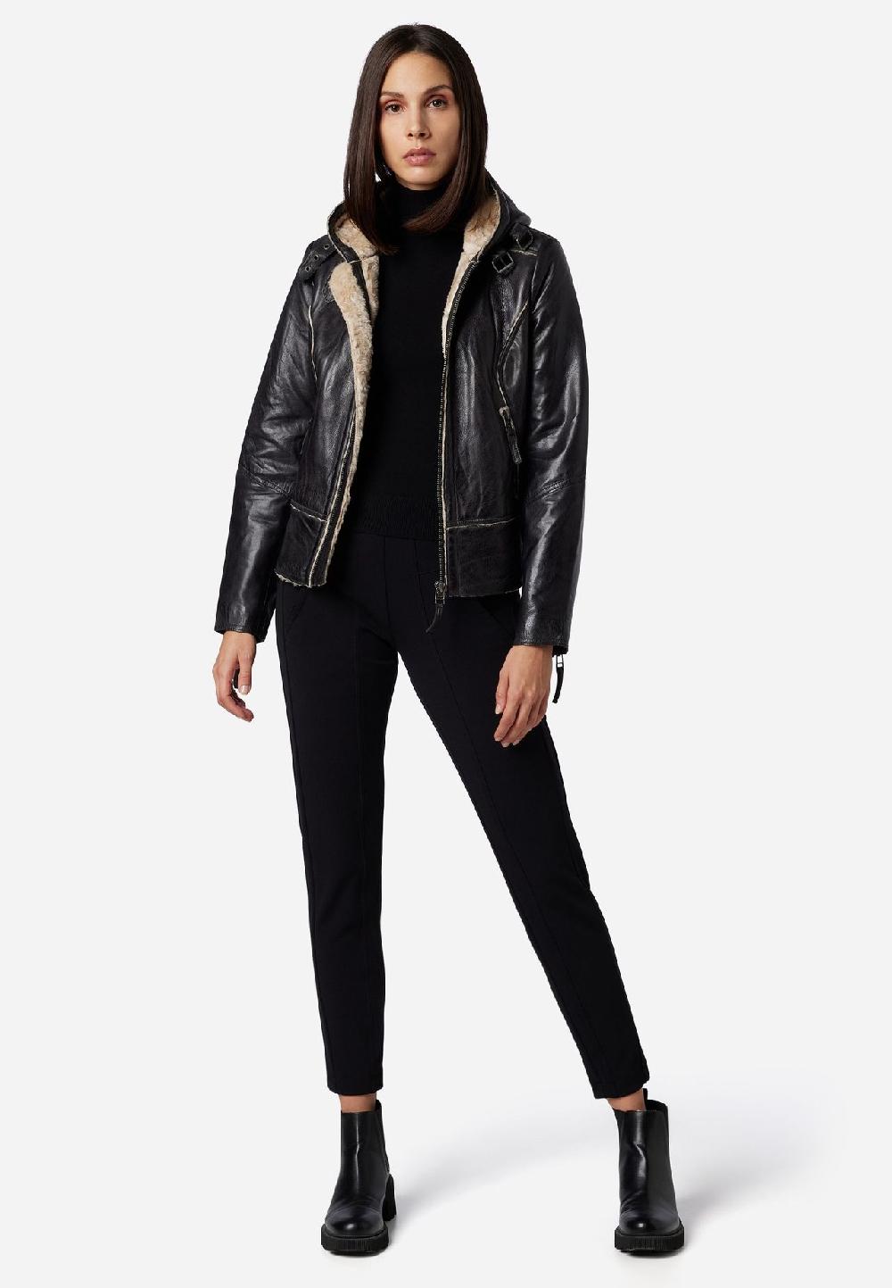 RICANO Damen Lederjacke Jule Bikerjacke mit Fellfütterung und Kapuze Kostenloser Versand international