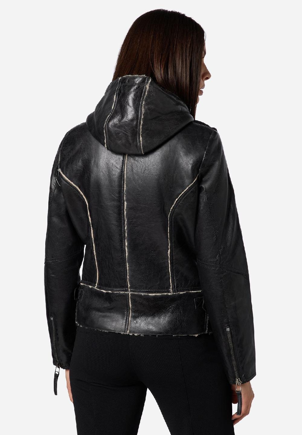 RICANO Damen Lederjacke Jule Bikerjacke mit Fellfütterung und Kapuze Kostenloser Versand international