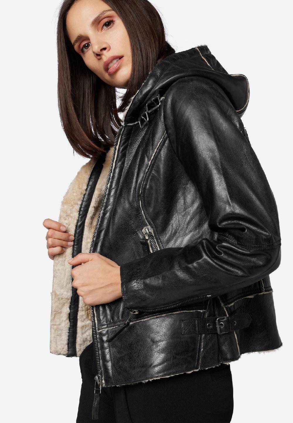 RICANO Damen Lederjacke Jule Bikerjacke mit Fellfütterung und Kapuze Kostenloser Versand international