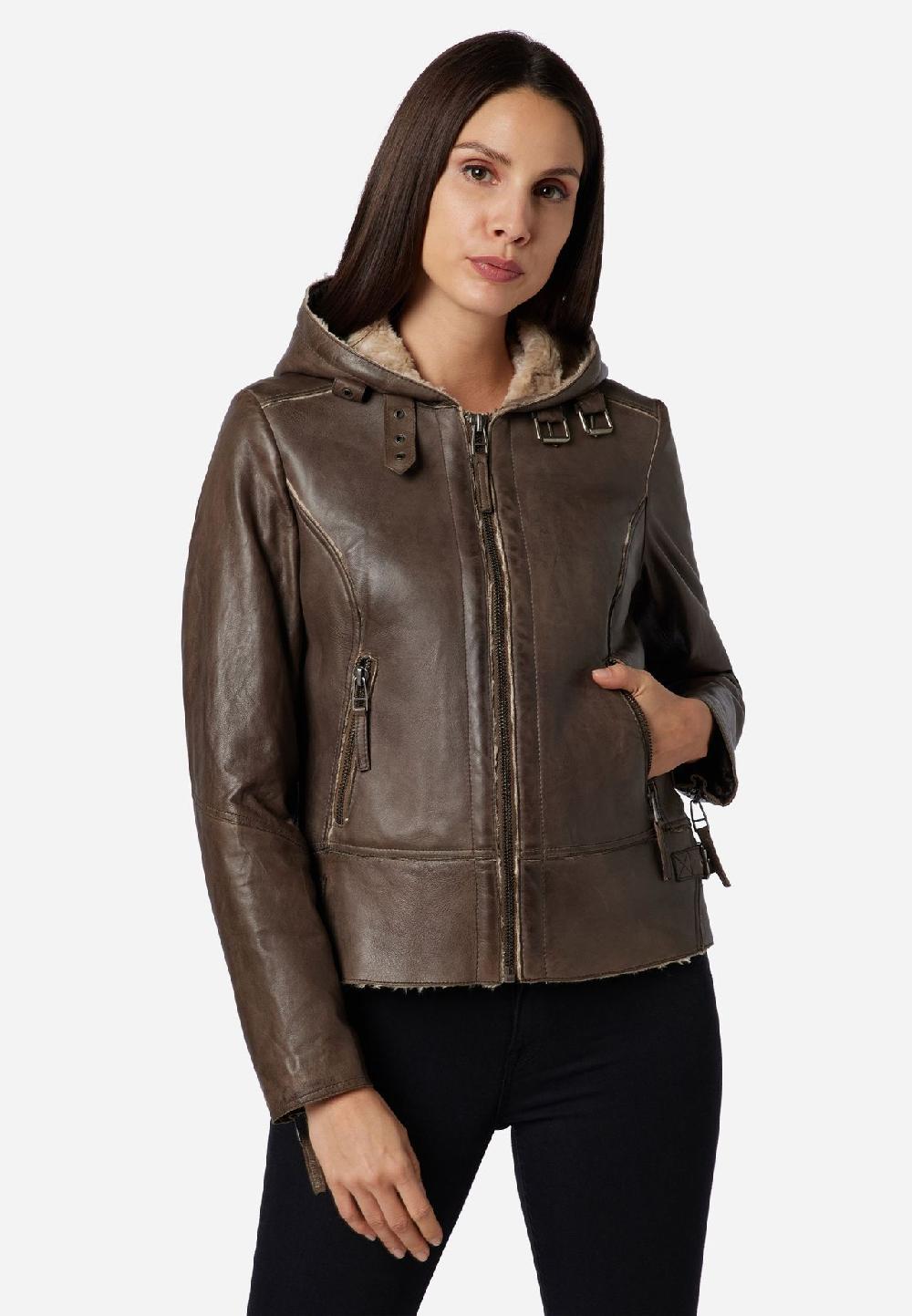 RICANO Damen Lederjacke Jule Bikerjacke mit Fellfütterung und Kapuze Fabrikladen