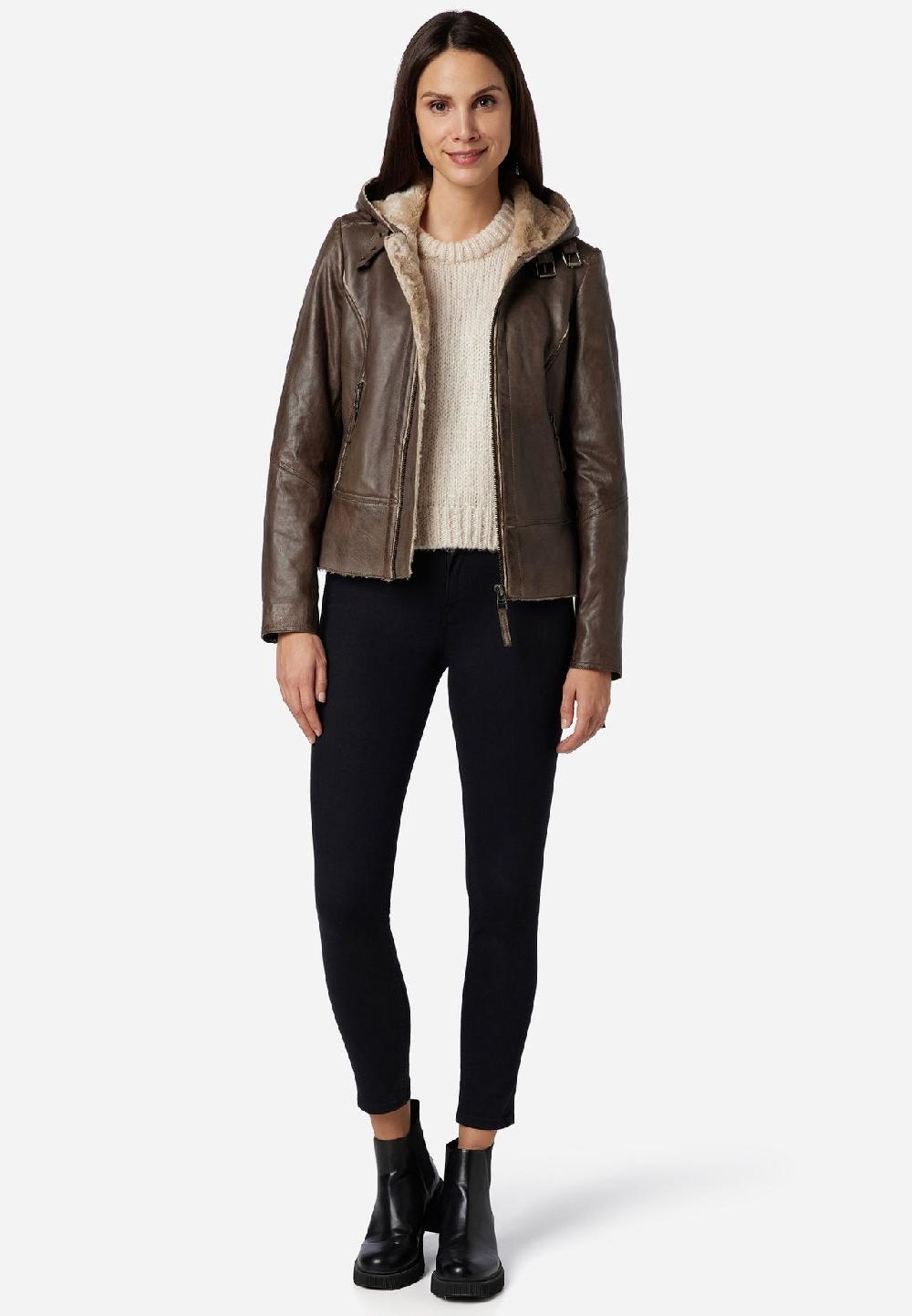 RICANO Damen Lederjacke Jule Bikerjacke mit Fellfütterung und Kapuze Fabrikladen
