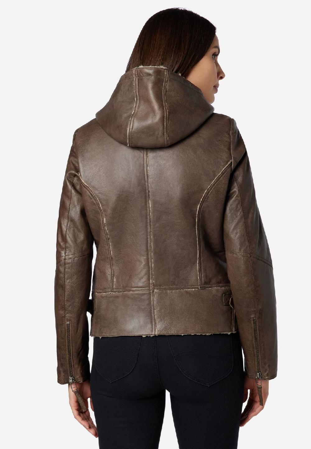 RICANO Damen Lederjacke Jule Bikerjacke mit Fellfütterung und Kapuze Fabrikladen