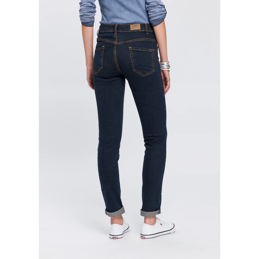 Arizona Slim-fit-Jeans »Bund mit seitlichem Gummizugeinsatz« schmale Passform Röhrenjeans Used-Waschung hohe Leibhöhe Kauf eins, bekomm eins gratis