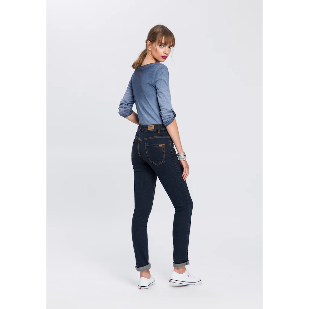 Arizona Slim-fit-Jeans »Bund mit seitlichem Gummizugeinsatz« schmale Passform Röhrenjeans Used-Waschung hohe Leibhöhe Kauf eins, bekomm eins gratis