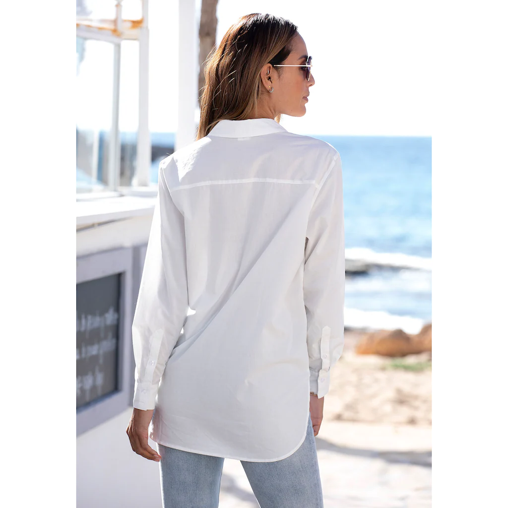 LASCANA Hemdbluse hinten länger geschnitten Damenbluse aus Baumwolle klassisch-elegant Speichern exportieren
