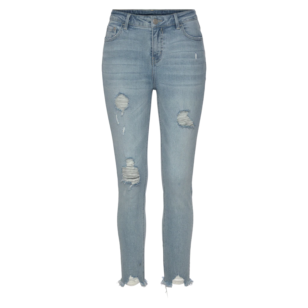 Buffalo Destroyed-Jeans mit ausgefranstem Beinabschluss und Stretchanteil schmale Passform Fabrikpreis