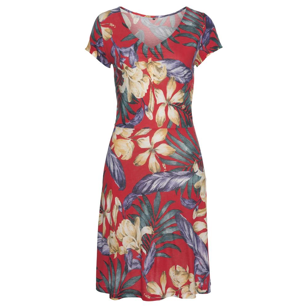 LASCANA Sommerkleid mit V-Ausschnitt im Alloverdruck T-Shirtkleid aus Jersey Strandkleid Saisonale Angebote