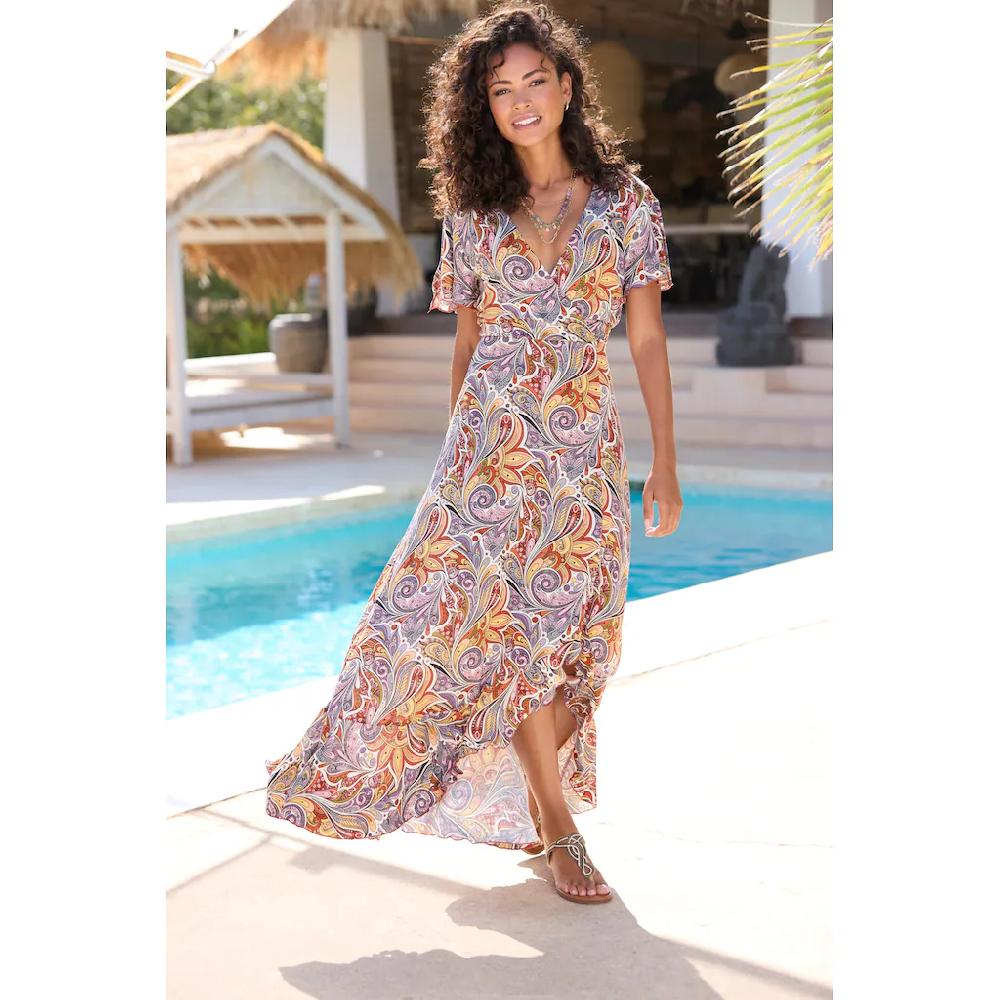 LASCANA Maxikleid mit Paisleydruck Schlitz und Volant Flügelärmel Druckkleid Hotsell
