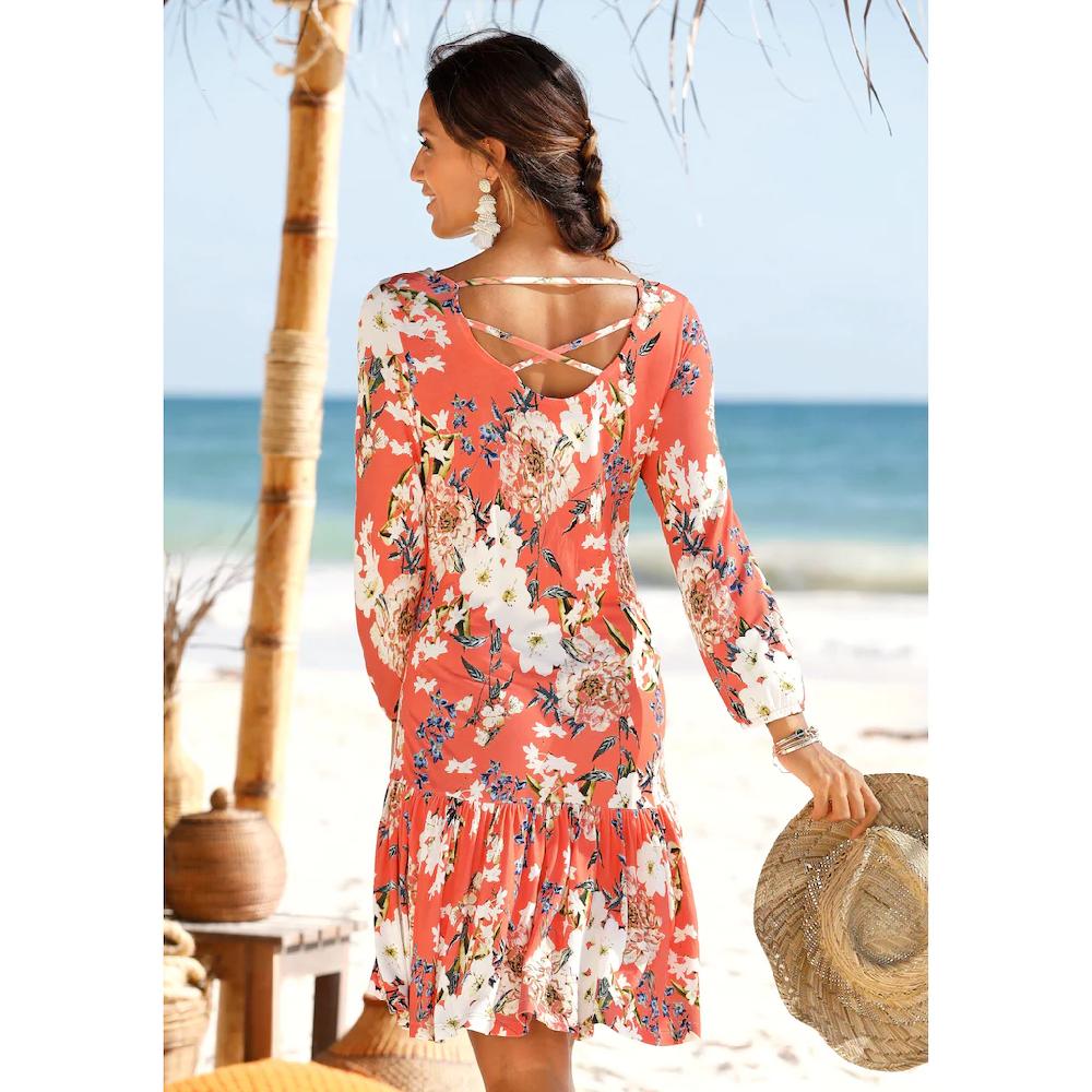s.Oliver Jerseykleid mit Blumenprint und Volantrock 3/4-Ärmel Sommerkleid Strandkleid im Angebot