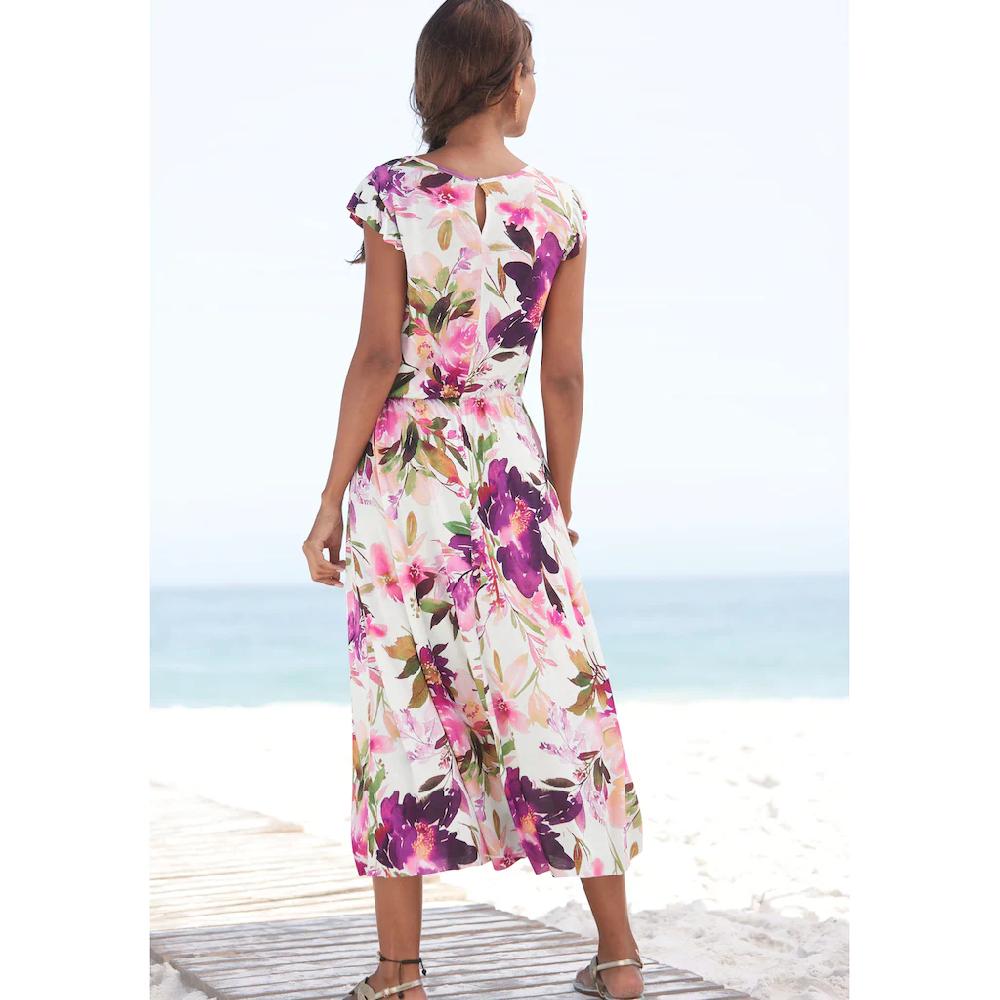 Beachtime Midikleid mit Blumendruck und Gummizug Sommerkleid Strandkleid Neueste Mode