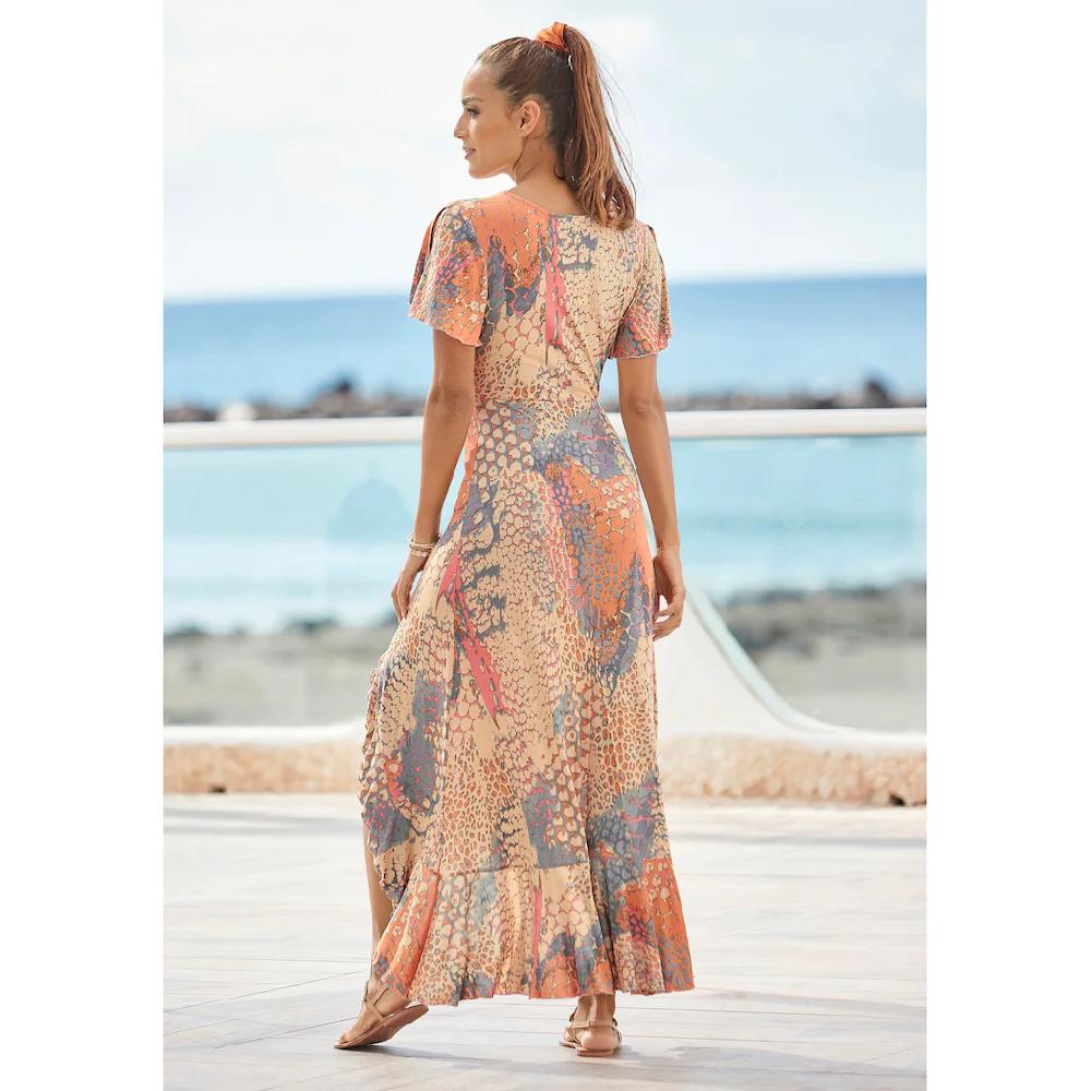 Buffalo Maxikleid mit Animalprint Schlitz und Volant Flügelärmel Druckkleid Kauf eins, bekomm eins gratis
