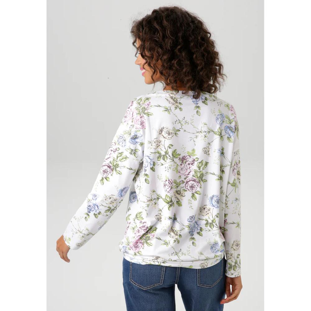Aniston CASUAL Langarmshirt mit silberfarbenen Schriftzug verzierter Rosendruck - NEUE KOLLEKTION VIP-Rabatte