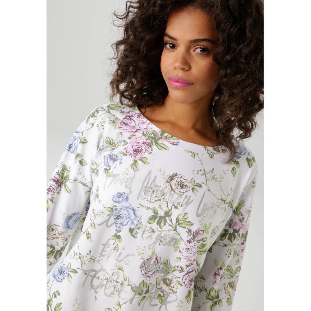 Aniston CASUAL Langarmshirt mit silberfarbenen Schriftzug verzierter Rosendruck - NEUE KOLLEKTION VIP-Rabatte