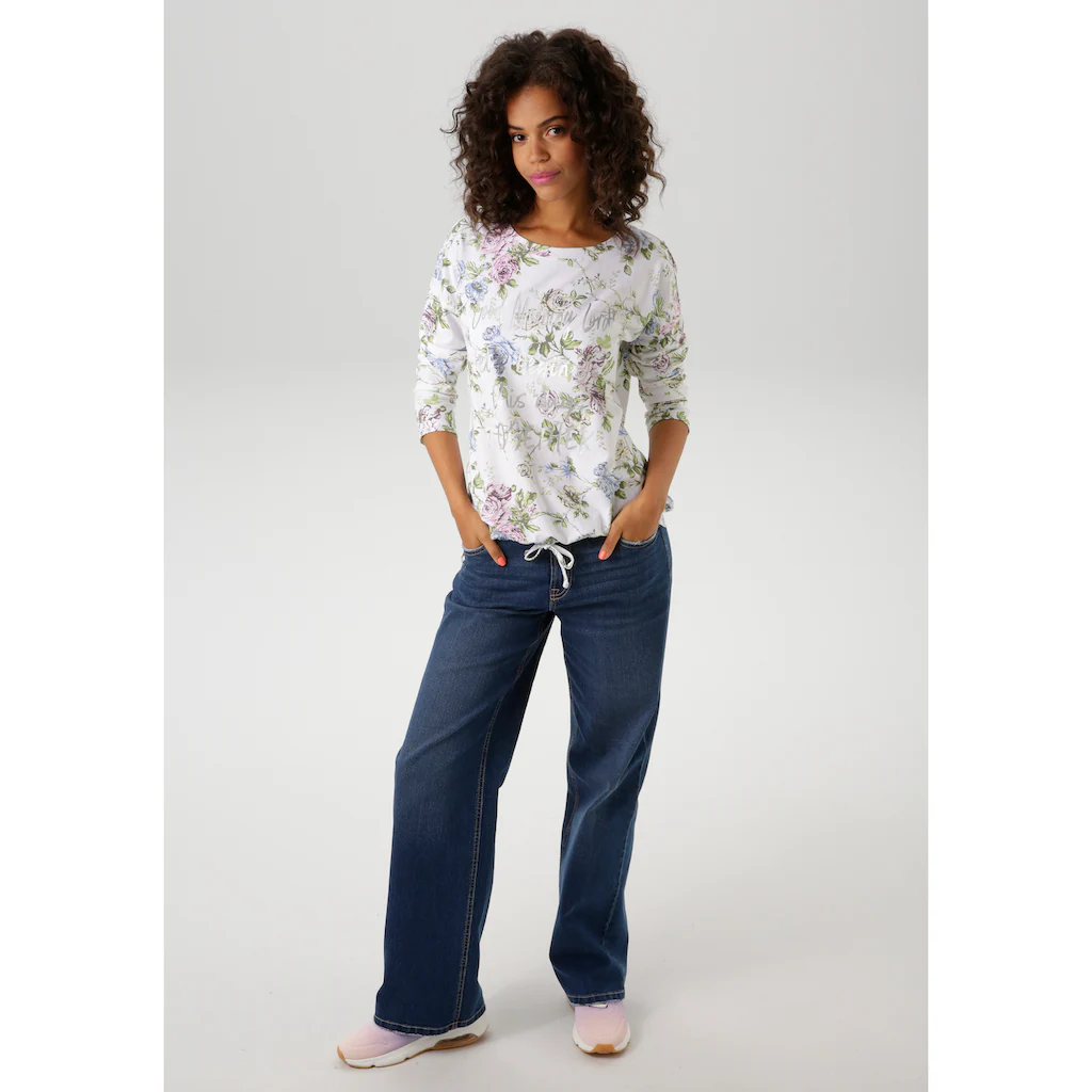 Aniston CASUAL Langarmshirt mit silberfarbenen Schriftzug verzierter Rosendruck - NEUE KOLLEKTION VIP-Rabatte
