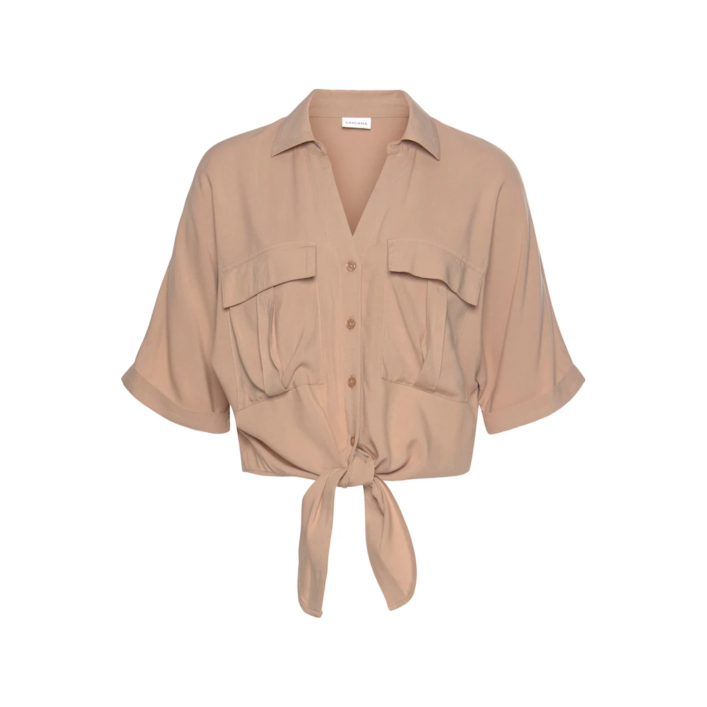 LASCANA Kurzarmbluse mit Knotendetail und Knopfleiste Hemdkragen Damenbluse Sonderangebot