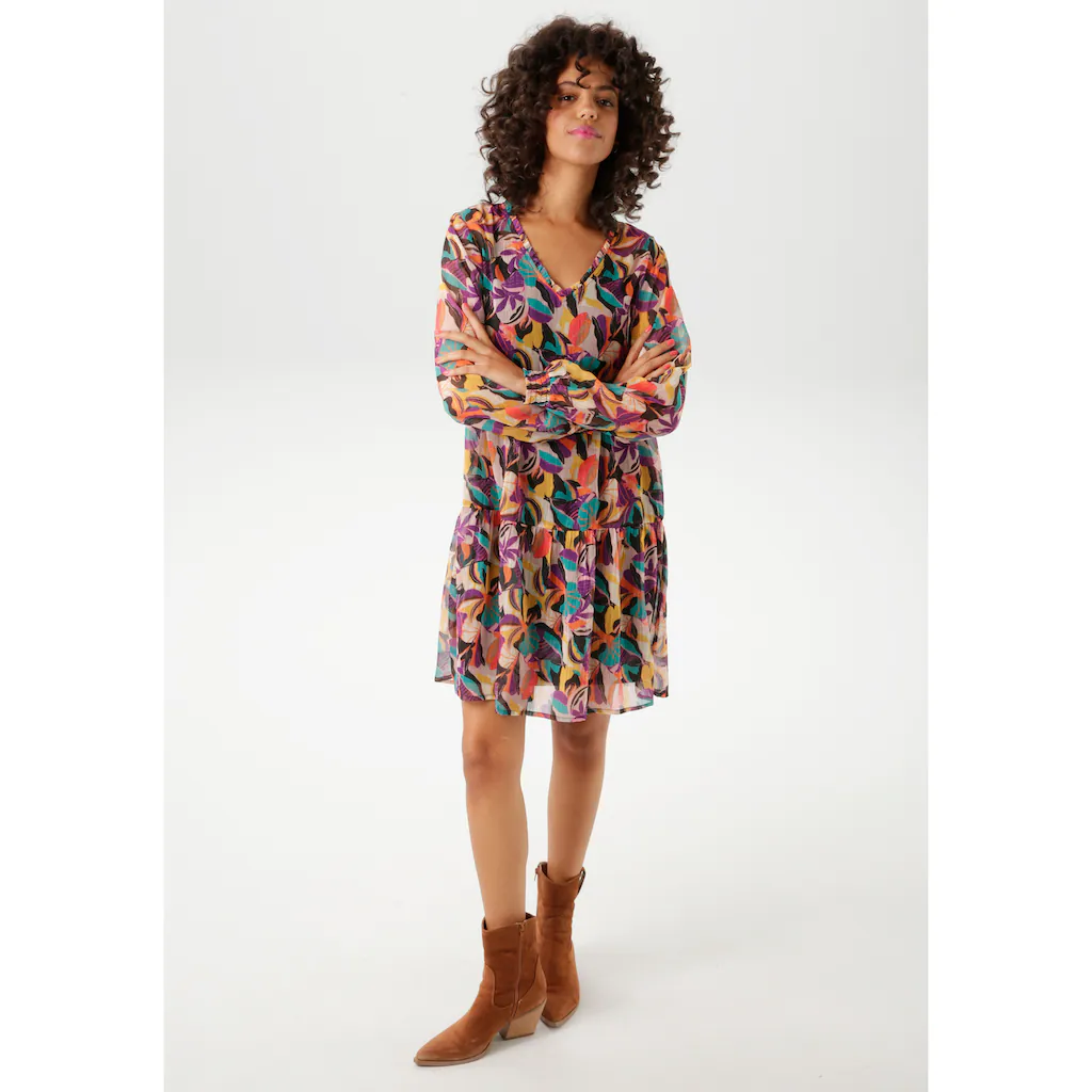 Aniston CASUAL Blusenkleid (mit Jersey-Unterkleid) mit farbenfrohen extravaganten Blättern bedruckt - NEUE KOLLEKTION Saisonale Angebote