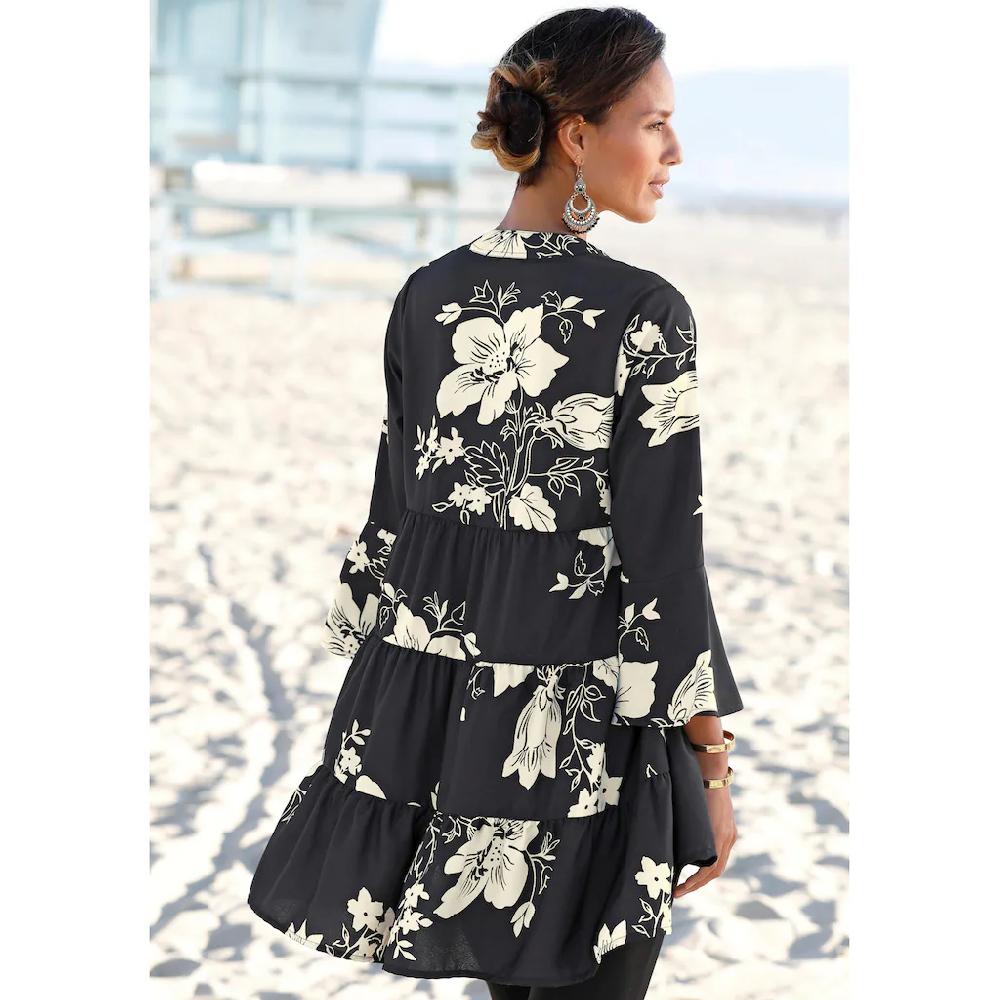 LASCANA Blusenkleid in weiter Form mit Volants und Blumenprint Tunikakleid Strandkleid Räumungsverkauf