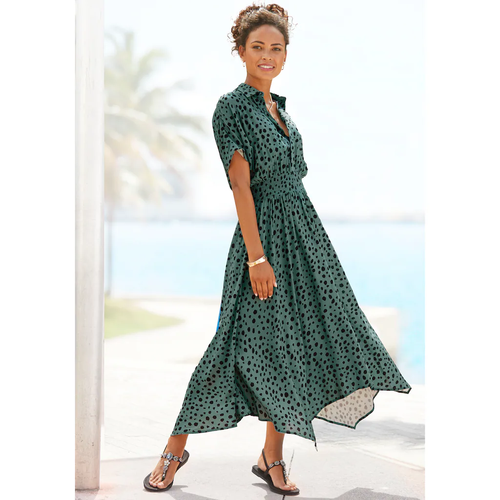 LASCANA Druckkleid mit Punktedruck und asymmetrischem Saum Hemdblusenkleid Midikleid