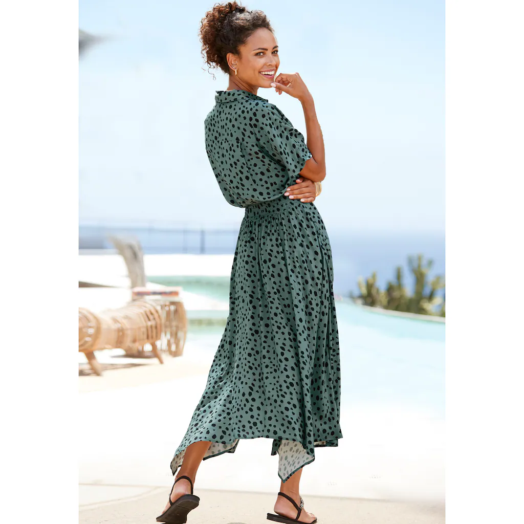 LASCANA Druckkleid mit Punktedruck und asymmetrischem Saum Hemdblusenkleid Midikleid Flash Sale
