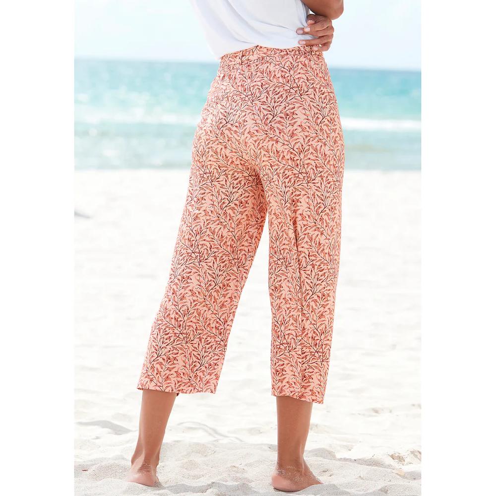 Beachtime Culotte (mit Bindegürtel) mit Blätterdruck und Bindeband luftig-leichte Sommerhose Auslauf