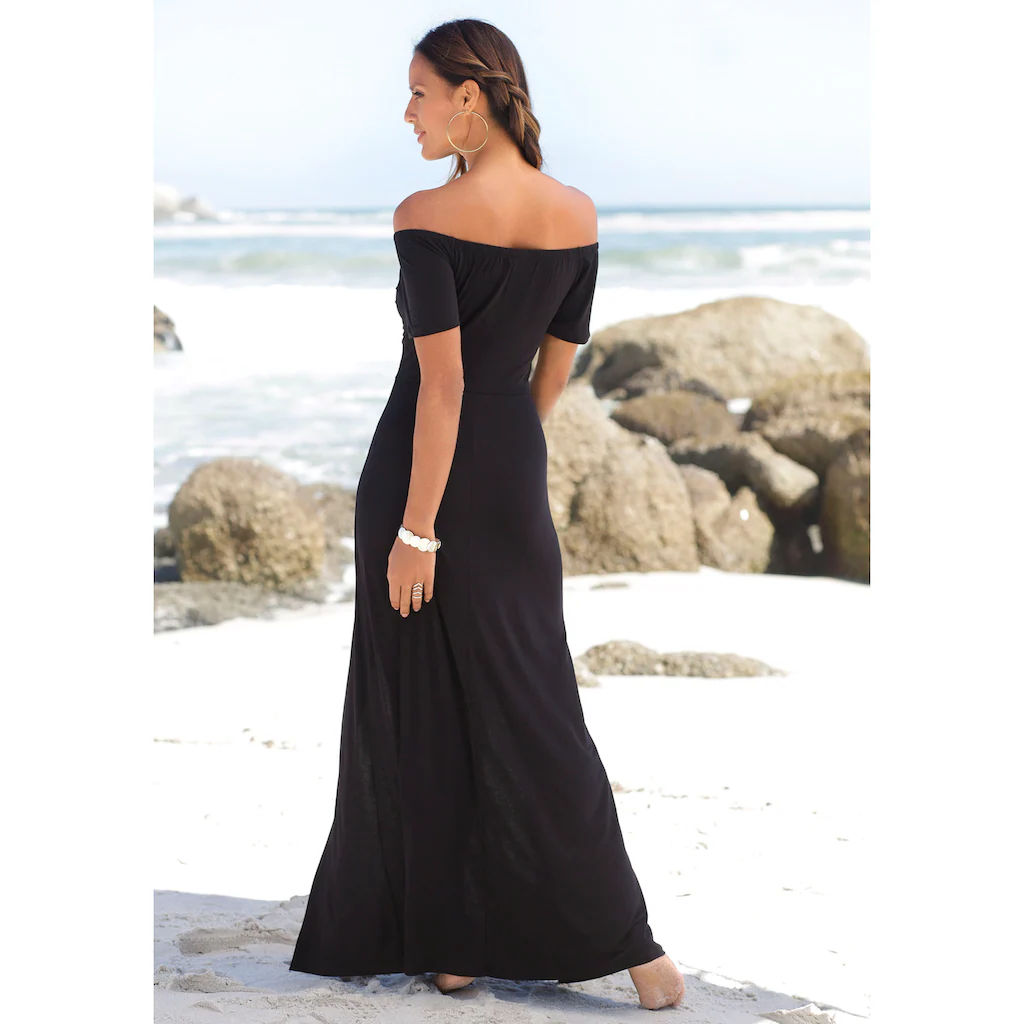 LASCANA Maxikleid mit langen Beinschlitzen und Carmenausschnitt schulterfrei Basic Saisonale Angebote