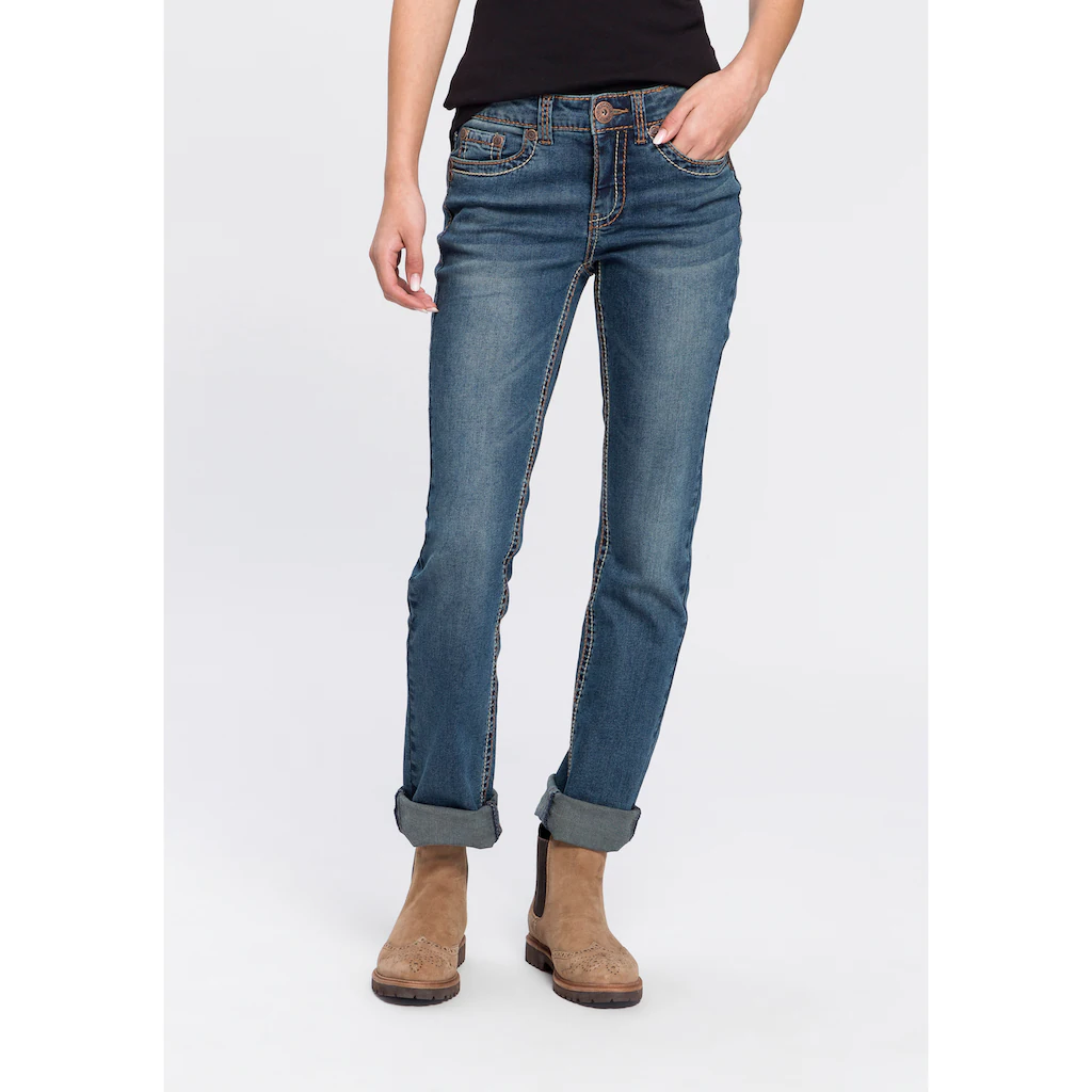 Arizona Gerade Jeans »Kontrastnähte« niedrige Leibhöhe in 5-Pocket-Form Used-Look-Waschung Begrenzt auf 3 Tage