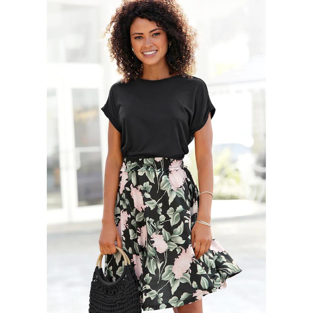 Buffalo Jerseykleid mit Paperbag-Bund und bedrucktem Rock kurzes Sommerkleid Strandkleid