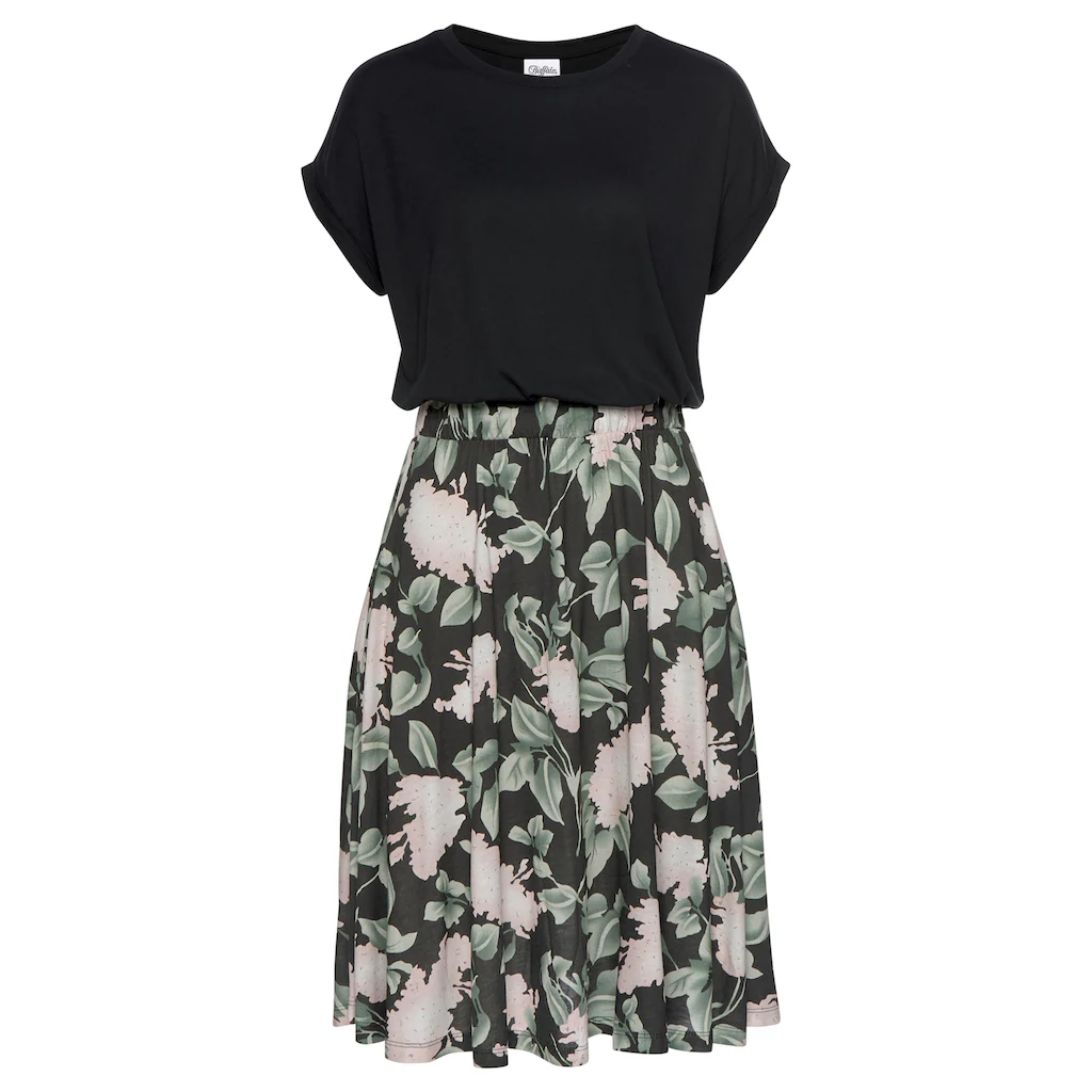 Buffalo Jerseykleid mit Paperbag-Bund und bedrucktem Rock kurzes Sommerkleid Strandkleid Black Friday Preise