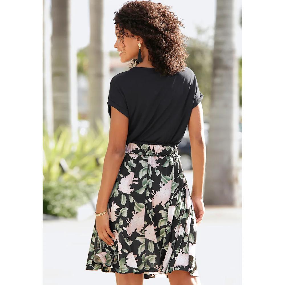 Buffalo Jerseykleid mit Paperbag-Bund und bedrucktem Rock kurzes Sommerkleid Strandkleid Black Friday Preise