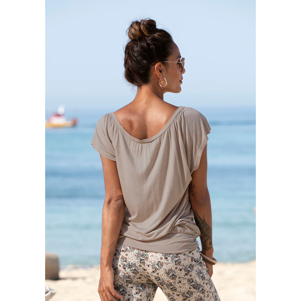 LASCANA V-Shirt mit breitem Gummizugbund T-Shirt mit V-Ausschnitt Basic Auslauf