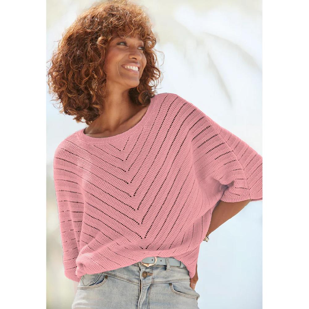 LASCANA Ajourpullover mit kurzen Ärmeln lockerer Strickpullover aus Baumwolle