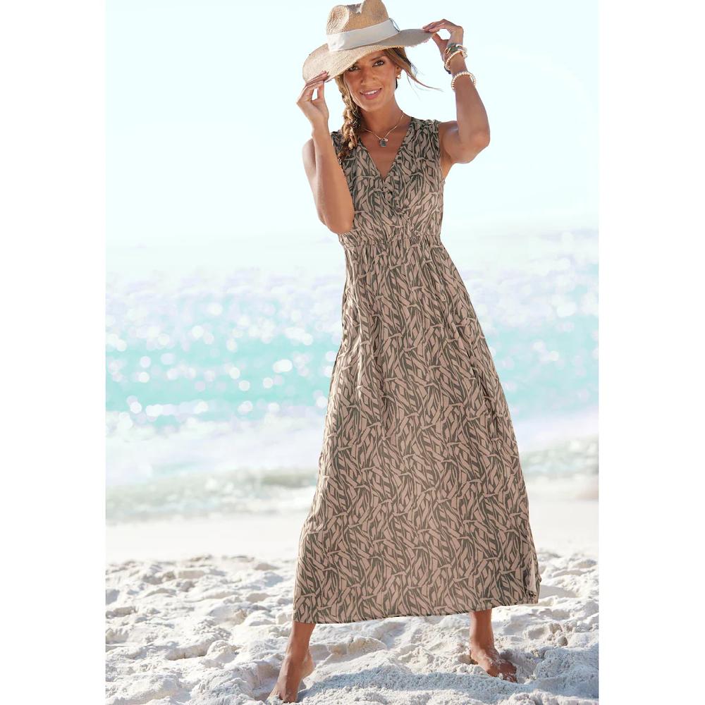 Buffalo Maxikleid im Alloverprint mit V-Ausschnitt und Schlitz Sommerkleid Strandkleid Neueste Mode