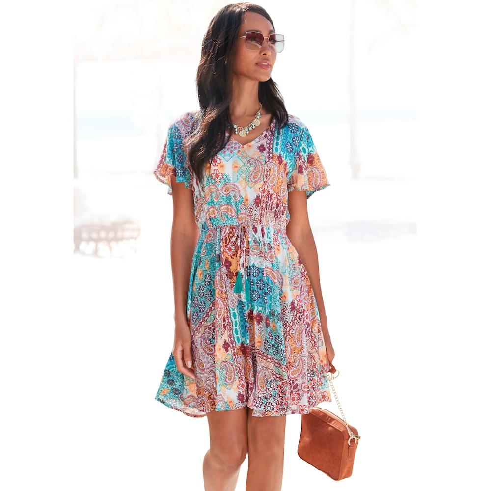 LASCANA Druckkleid aus gekreppter Viskose farbenfrohes Sommerkleid Strandkleid