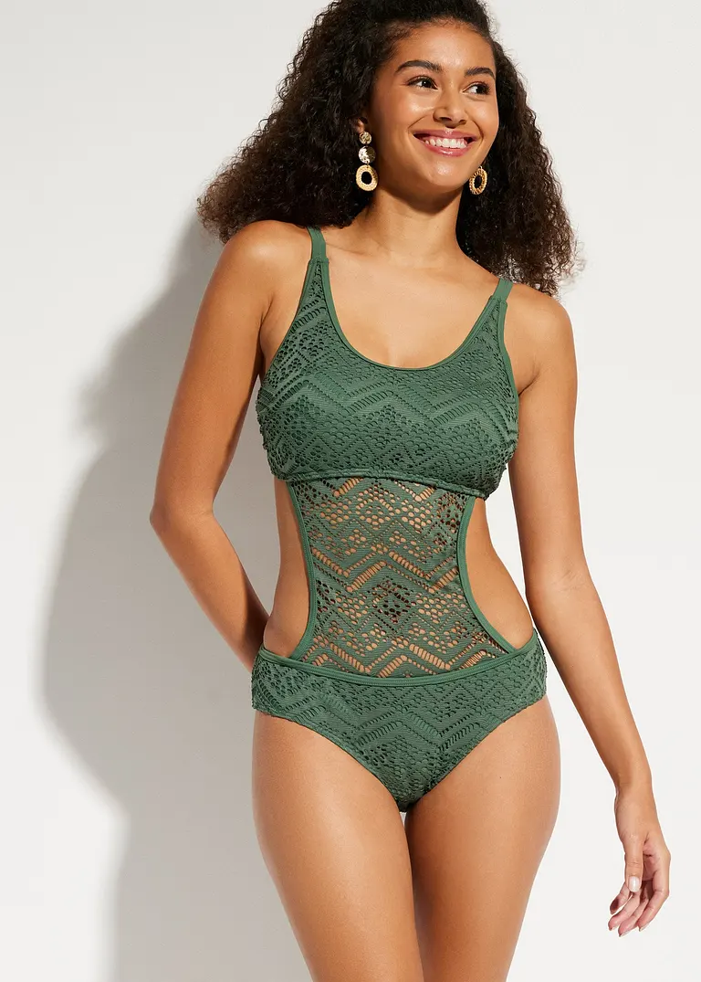 bonprix Femininer Monokini mit transparenter Spitze - grün Zeitbegrenzte Promotion