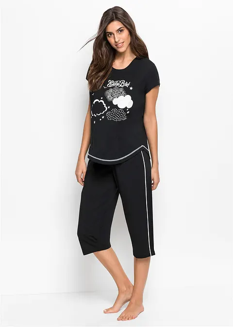 bonprix Sportlicher Capri Pyjama mit schönem Frontdruck - schwarz/weiß Vatertagsangebot
