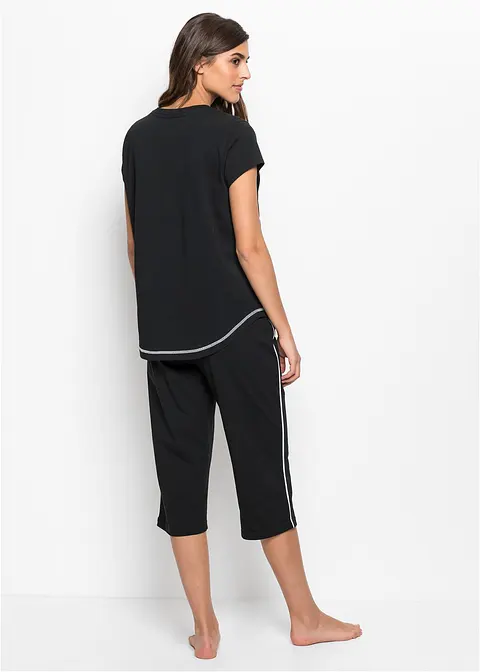 bonprix Sportlicher Capri Pyjama mit schönem Frontdruck - schwarz/weiß Vatertagsangebot