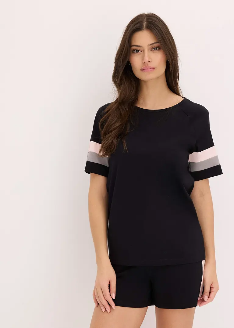 bonprix Gemütlicher Shorty mit Streifen aus 100% Baumwolle - schwarz Exklusive Angebote