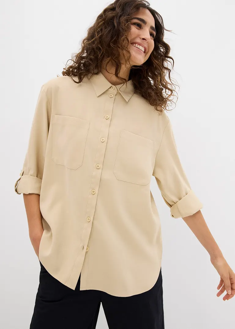 bonprix Bluse mit aufgesetzten Taschen und Knopfleiste - beige Clearance-Verkauf