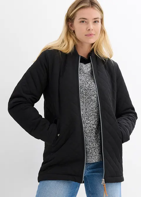 bonprix Modische Long-Steppjacke mit Taschen - schwarz - Damen Verkauf
