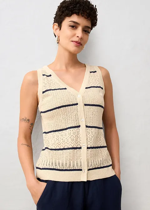 bonprix Ajour-Strickweste mit Leinenanteil - beige - Damen Sonderangebot