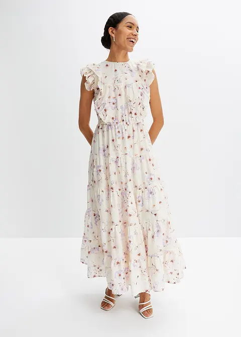bonprix modisches Maxikleid mit Volants - beige regular Exklusivangebot