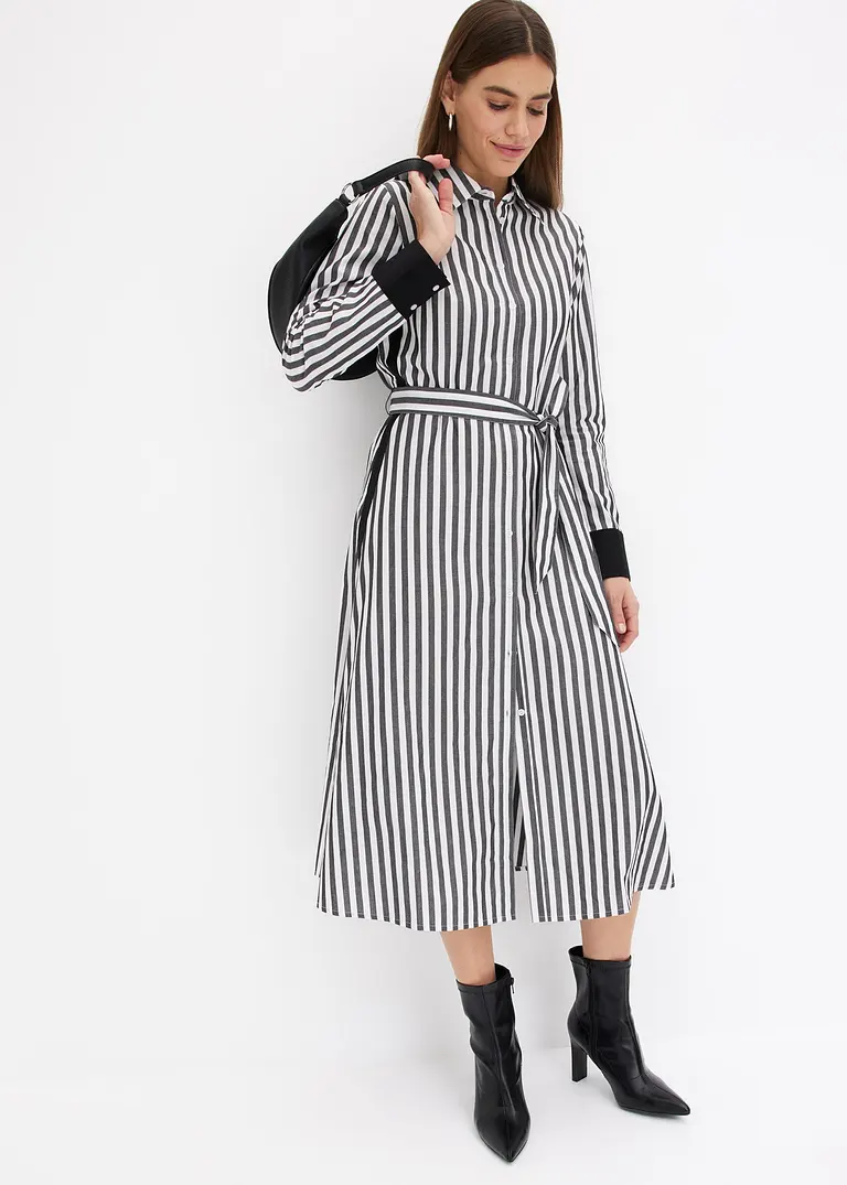 bonprix Hemdblusenkleid mit Kontraststreifen - schwarz - Damen Online Outlet