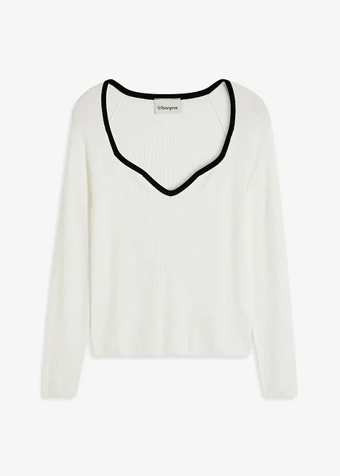 bonprix Pullover mit Kontrast-Piping am Ausschnitt - weiß Tiefpreis