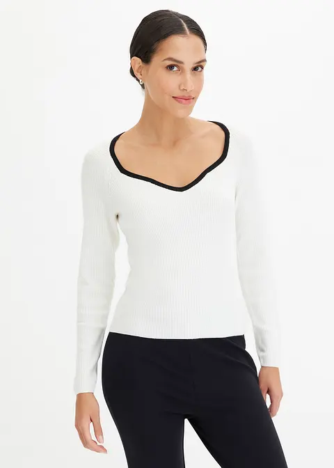 bonprix Pullover mit Kontrast-Piping am Ausschnitt - weiß Tiefpreis