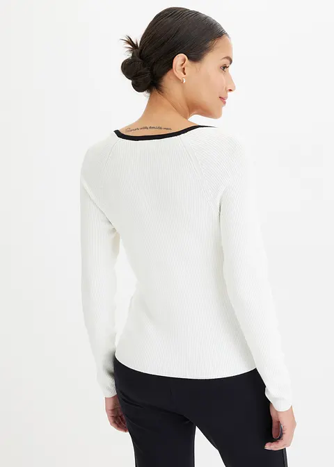 bonprix Pullover mit Kontrast-Piping am Ausschnitt - weiß Tiefpreis
