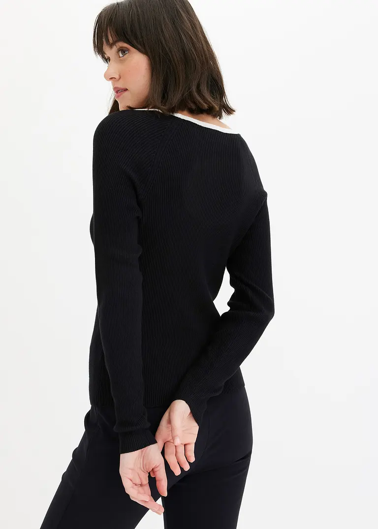 bonprix Pullover mit Kontrast-Piping am Ausschnitt - schwarz Super Sparpreis